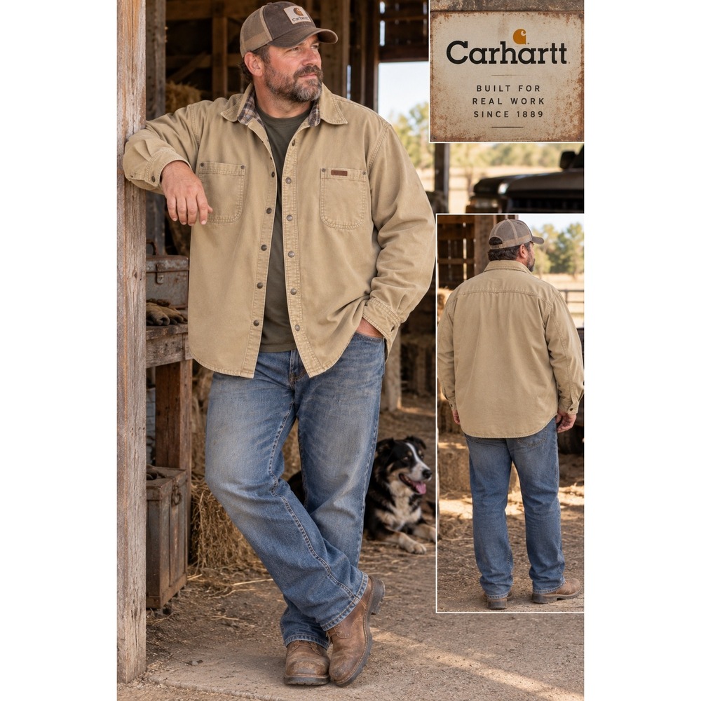 VTG Y2K Carhartt Flannel Lined Chore Shirt Jacket Tan 2XL Workwear Farm USED